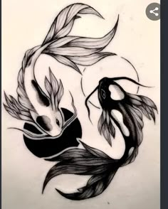 a drawing of two fish in the water with their tails curled up to each other