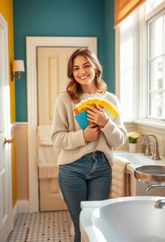 a woman standing in a bathroom holding a yellow and blue book while looking at the camera