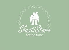 the logo for a coffee shop with a cupcake on it's front and side