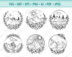 six round badges with mountains and trees in the background