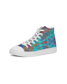 a women's high top sneaker with colorful paint on it