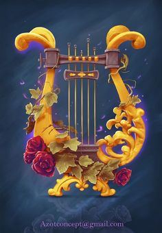 an artistic painting of a musical instrument with roses on the strings and leaves around it