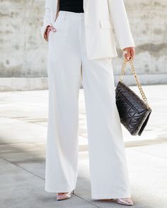 Chic White Wide Leg Pants For Office, Cream Trousers For Formal Occasions, Cream Formal Trousers, Cream Full-length Wide Leg Pants For Work, Cream Wide Leg Pants For Work, Cream Wide-leg Workwear Pants, White Full-length Formal Pants, White Full Length Formal Pants, Formal White Full-length Pants