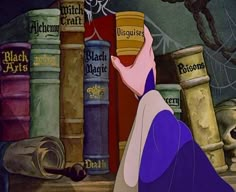 an animated character is looking at books on the shelf