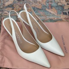 I Originally Purchased These For My Wedding But Ended Up Going With Another Pair. These Have Never Been Worn Outside And Are In Like New Condition. I Am A Us 7.5 Or 8 And Found These To Be The Perfect Fit. Duster Bag Included! Composition Outer: Calf Leather 100% Lining: Calf Leather 100% Sole: Calf Leather 100% Stuart Weitzman Shoes, Slingback Pump, My Wedding, Bridal Shoes, Stuart Weitzman, Wedding Shoes, Shoes Women Heels, Calf Leather, Shoes Heels