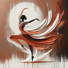 an abstract painting of a woman dancing in front of a full moon with flowing hair