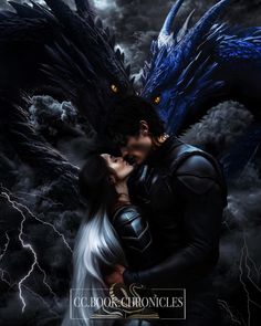 a man and woman kissing in front of a dragon