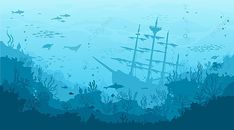 an underwater scene with a ship in the water and other marine life around it, as well as fish