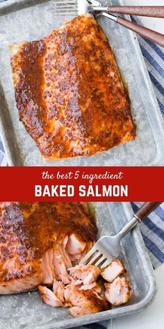 the best 5 ingredient baked salmon on a pan with a fork and knife next to it