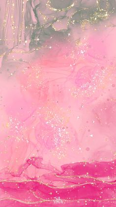 an abstract painting with gold glitters on pink and grey paint, as well as stars