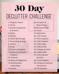 the 30 day declutter challenge is on display in front of a pink wall