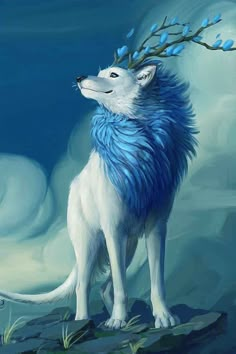 a painting of a white wolf with blue fur and branches in its mouth, standing on a rock