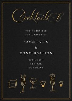 a black and gold cocktail party card with the words cocktails and conversation on it