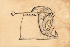 a drawing of a snail with its mouth open and one eye closed, on top of a piece of parchment paper