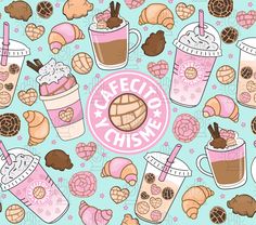 various types of drinks and pastries on a blue background with the words ice cream