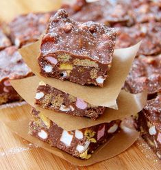 several pieces of brownies stacked on top of each other