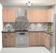 an image of a kitchen setting with wood cabinets and tile backsplashes on the walls