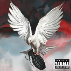 a white bird flying over a tire on top of a red and blue sky background