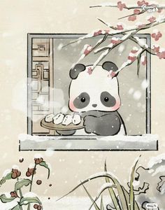 a panda bear sitting on top of a window sill next to flowers and plants