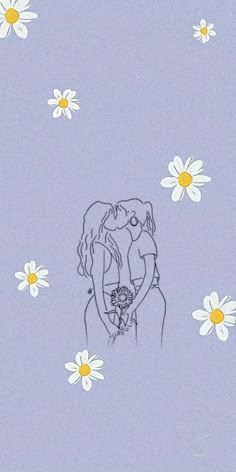 two people kissing in front of daisies on a blue background with yellow and white flowers