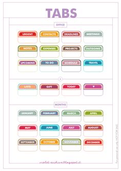 the printable table for tabs is shown in pink, blue and green colors