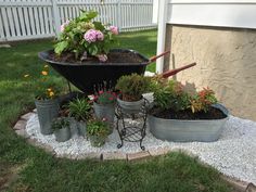 several potted plants and gardening tools are arranged in a garden bed on the side of a house