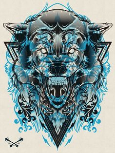 a wolf's head with blue and black designs on it