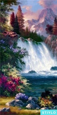 a painting of a waterfall in the middle of a forest with flowers and trees around it