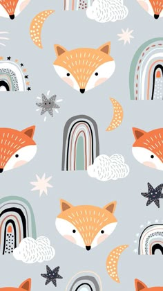 a pattern with foxes, stars and rainbows on a gray background for wallpaper