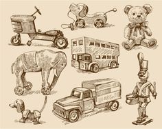 an image of various toys and animals drawn by hand