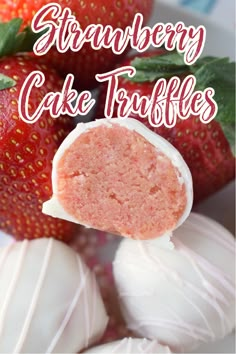 strawberry cake truffles on a white plate with strawberries in the background and text overlay