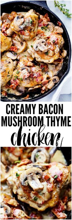 creamy bacon mushroom thyme chicken in a cast iron skillet with text overlay