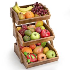 three wooden crates filled with different types of fruit