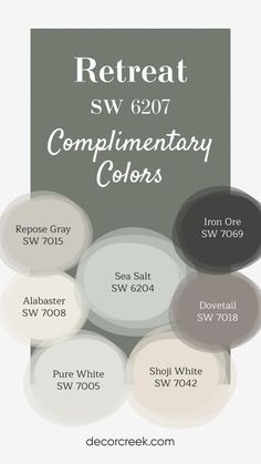 The image displays complementary colors for the paint "Retreat SW 6207" by Sherwin-Williams. It features circular color swatches labeled with names such as Repose Gray, Sea Salt, Alabaster, Pure White, Shoji White, Dovetail, and Iron Ore. The background represents the Retreat color, a muted green, while the complementary colors offer a mix of soft neutrals and deeper shades. Retreat Paint Color, Shoji White, House Paint Interior, Repose Gray, Farmhouse Paint Colors, Grey Palette, Paint Color Inspiration, House Color Palettes, Farmhouse Paint