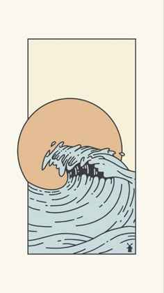 an illustration of a wave in the ocean with a sunset behind it and a square frame