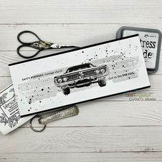 a card with a car on it and some scissors next to it that says happiness is the best medicine