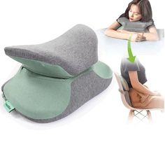 a woman sitting in a chair with her arm resting on the backrest and neck pillow