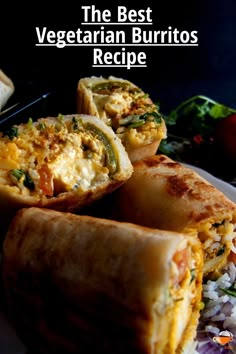 the best vegetarian burritos recipe on a white plate with rice and vegetables in it