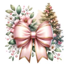 a pink bow with white flowers and green leaves on the side is next to a christmas tree