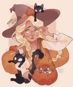 a woman in a witches hat holding a black cat and a pumpkin with her eyes closed