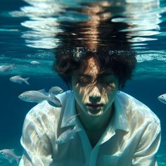 a man in white shirt under water with many fish around him and looking at the camera