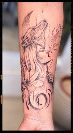 Wolf Woman Unique Wolf Tattoo For Women, Wolf Memorial Tattoo For Women, Feminine Wolf Tattoo Design Forearm, Wolf With Woman Tattoo, Female Animal Tattoos, Alpha Tattoo For Women, Wolf Mother Tattoo, Beautiful Wolf Tattoo, She Wolf Tattoos For Women