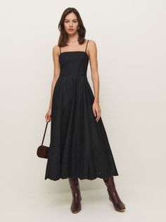 Wear the dress. Shop the Cherie Dress from Reformation, a sleeveless midi dress with a square neckline, flared skirt, and embroidered detailing at the hem. The Reformation, Embroidered Midi Dress, Sleeveless Midi Dress, Flared Skirt, Midi Dress Sleeveless, New Tops, Black Midi Dress, Flare Skirt, Square Neckline