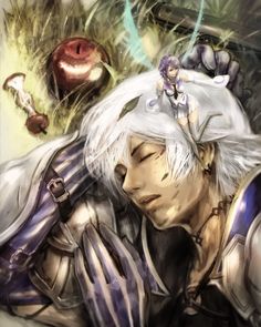 an anime character with white hair and blue eyes is holding his head in front of another character