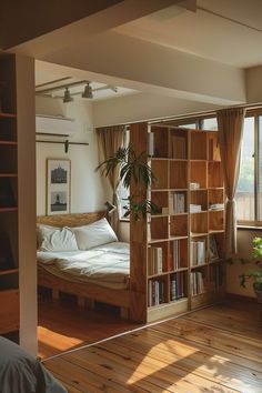 a room with a bed, bookshelf and plant in it's corner