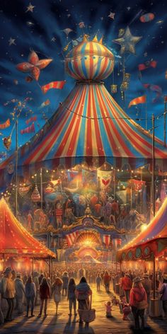 an image of a carnival at night with people walking around the fairground and circus tents