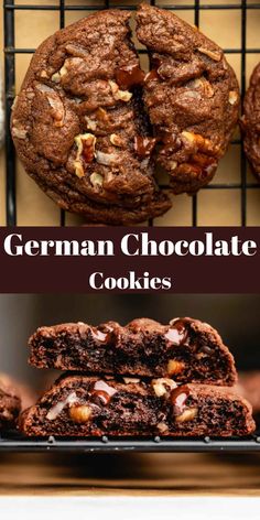 german chocolate cookies are stacked on top of each other with nuts in the middle and bottom