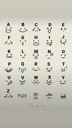 the letters and numbers are drawn with black ink on white paper, as well as smiley faces