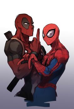 two spider - man standing next to each other with their hands in the air and one pointing