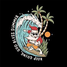 an image of santa claus surfing on the ocean with palm trees and waves in the background